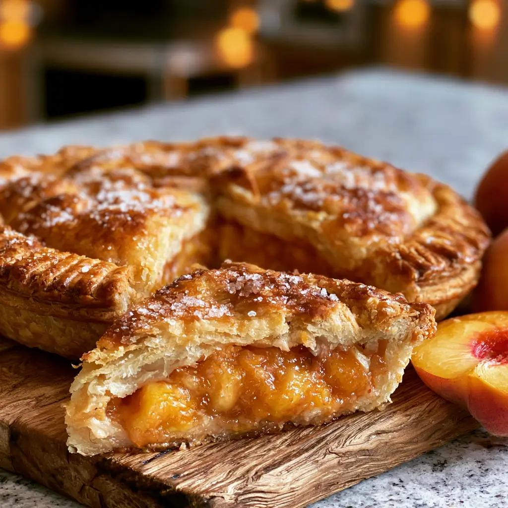 Homemade fresh peach pie with golden double crust on a wooden board with fresh peaches