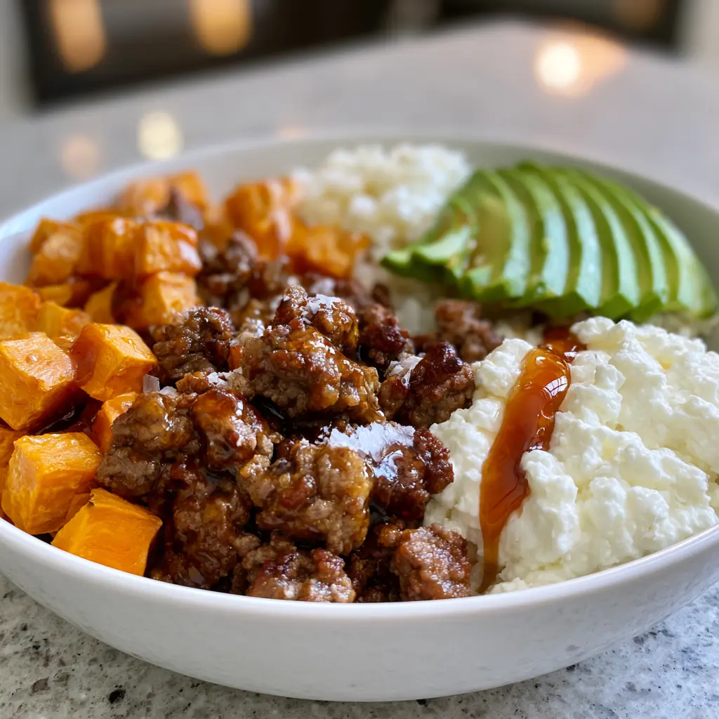Hot honey ground beef bowl with roasted sweet potato, cottage cheese, and avocado in a white bowl