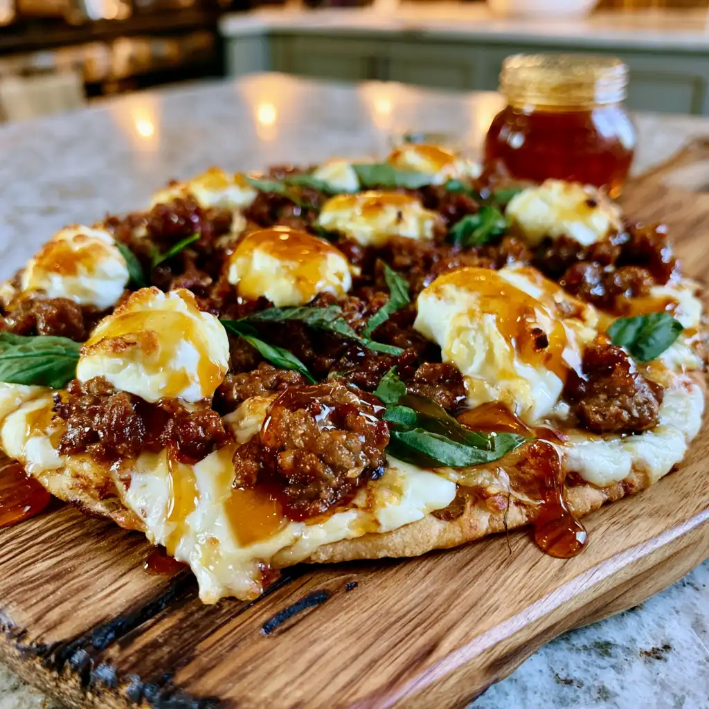 Hot honey sausage ricotta pizza with creamy ricotta dollops, crispy sausage, and amber hot honey drizzle on a wooden board
