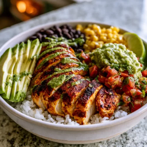 Lime chicken and avocado rice bowl with pico de gallo, black beans, and cilantro lime dressing