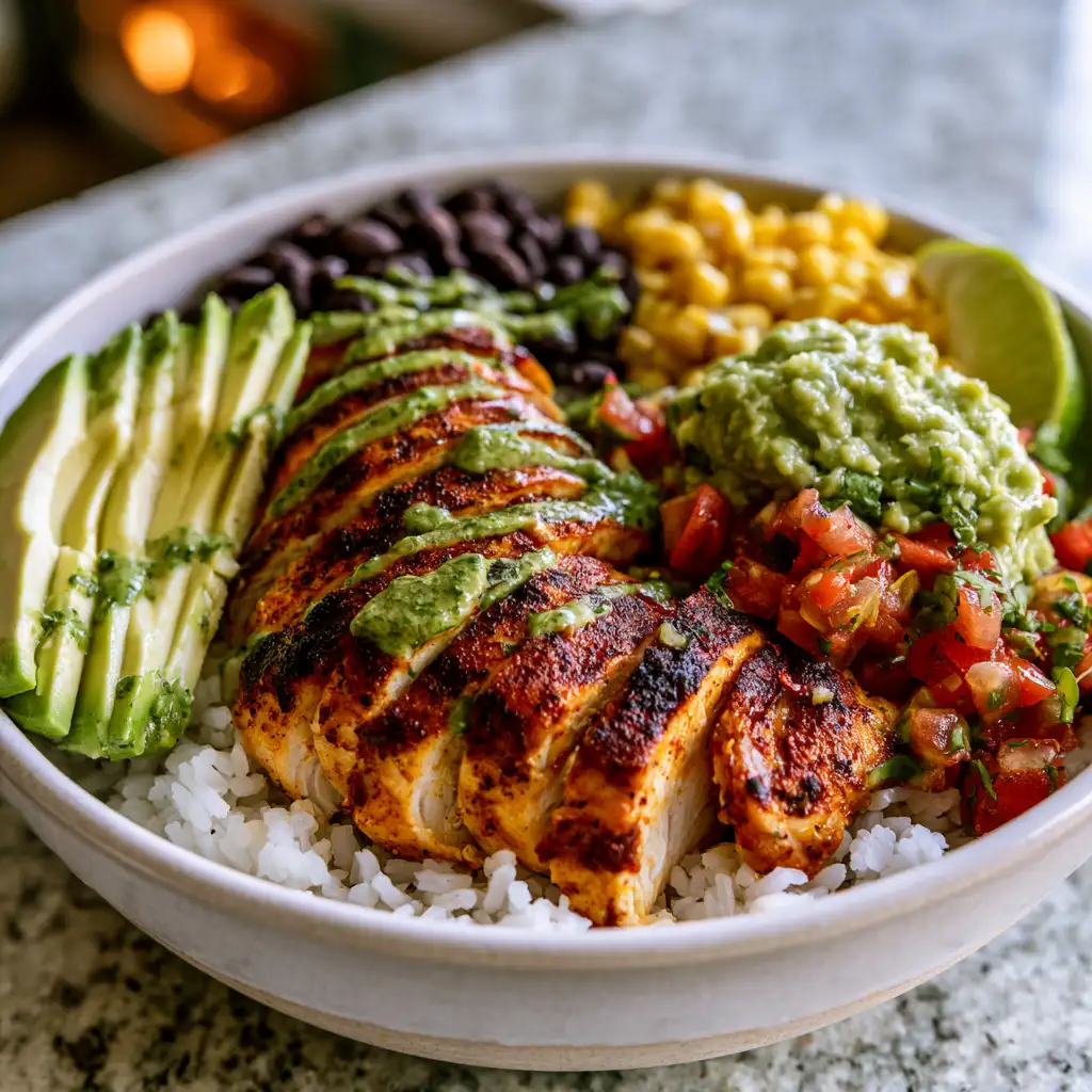 Lime chicken and avocado rice bowl with pico de gallo, black beans, and cilantro lime dressing