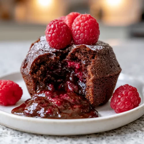 Molten raspberry chocolate cupcake cut open showing ooey gooey raspberry chocolate centre flowing out