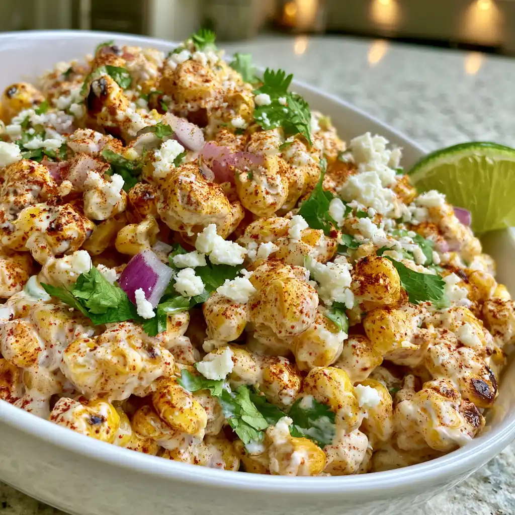 Street corn salad with Greek yogurt, cotija, cilantro, and chili powder in a white bowl