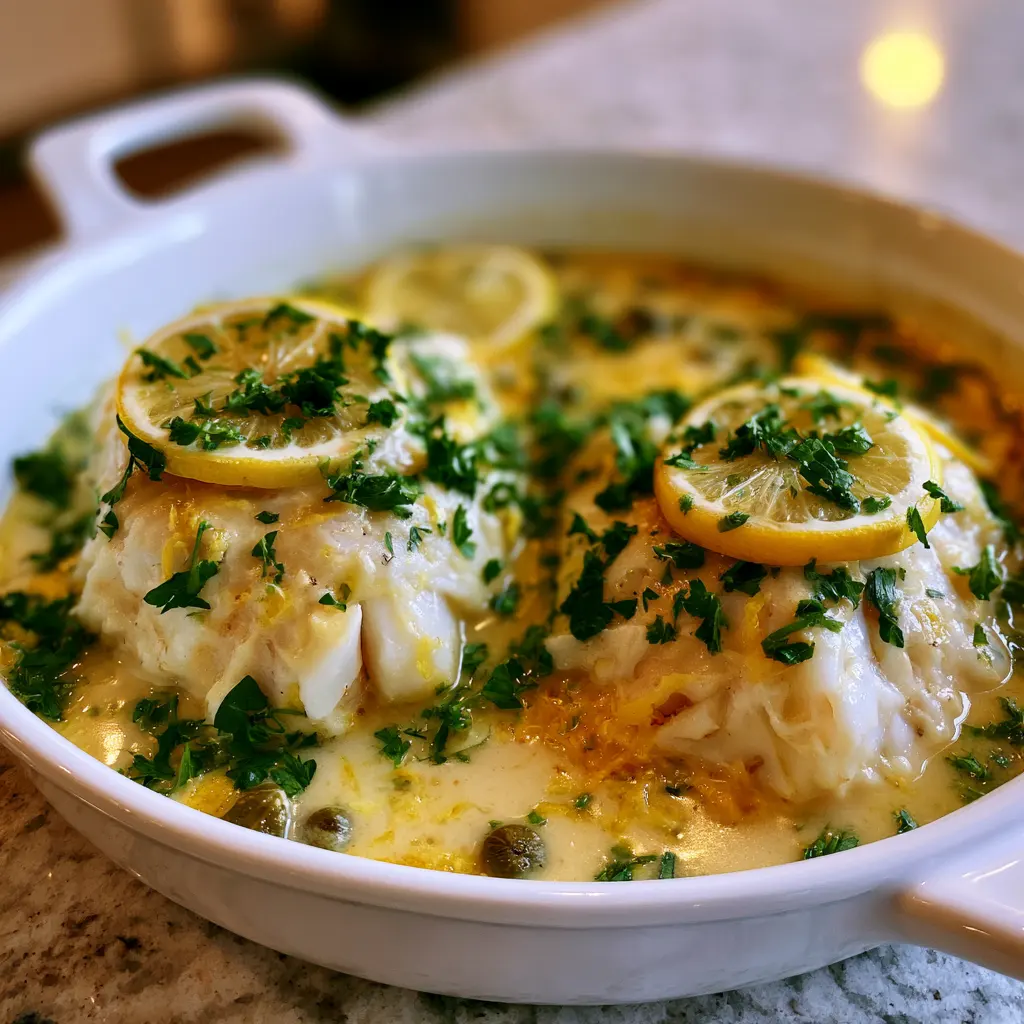 Baked cod in coconut lemon cream sauce in a white skillet with fresh herbs and lemon