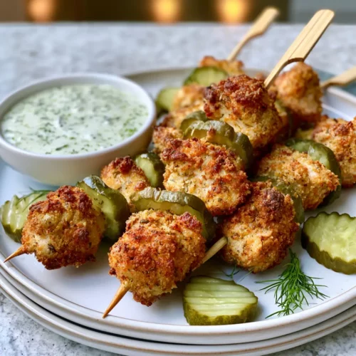 Crispy air fryer dill pickle chicken skewers on a white plate with creamy pickle ranch dipping sauce