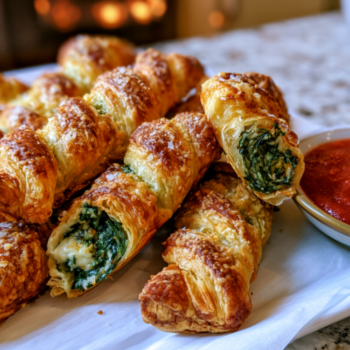 Crispy spinach parmesan puff pastry twists golden and spiral on parchment paper