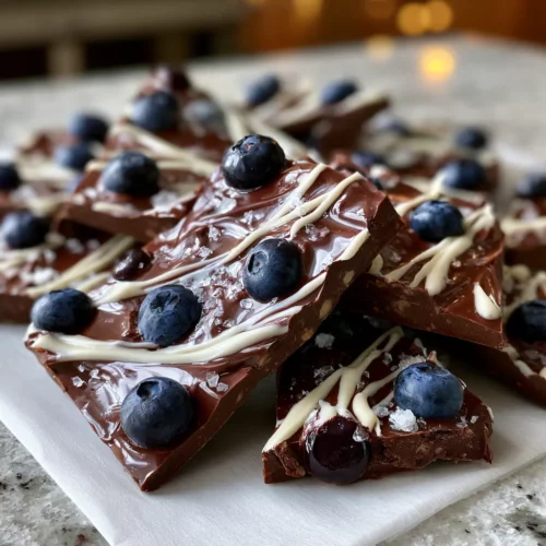 Blueberry chocolate bark with fresh blueberries, white chocolate drizzle, and flaky sea salt on parchment paper