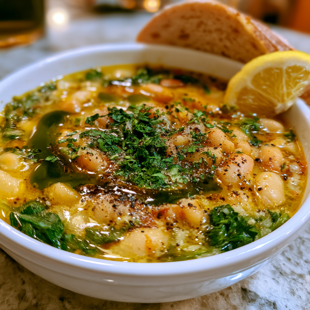 Hearty Tuscan white bean soup with fresh herbs, spinach, and olive oil drizzle in a white bowl