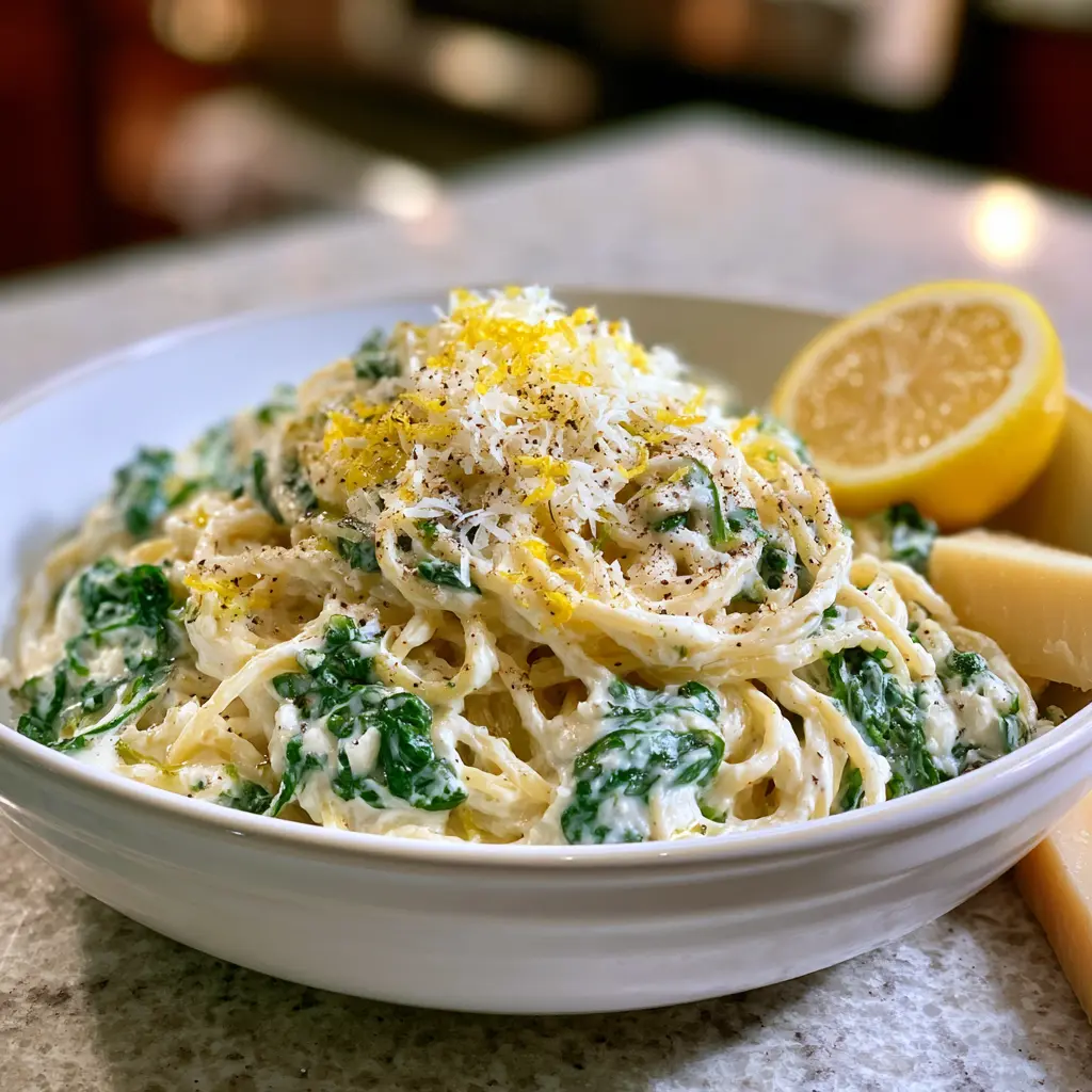 Lemon ricotta pasta with spinach in a white bowl with parmesan and lemon zest