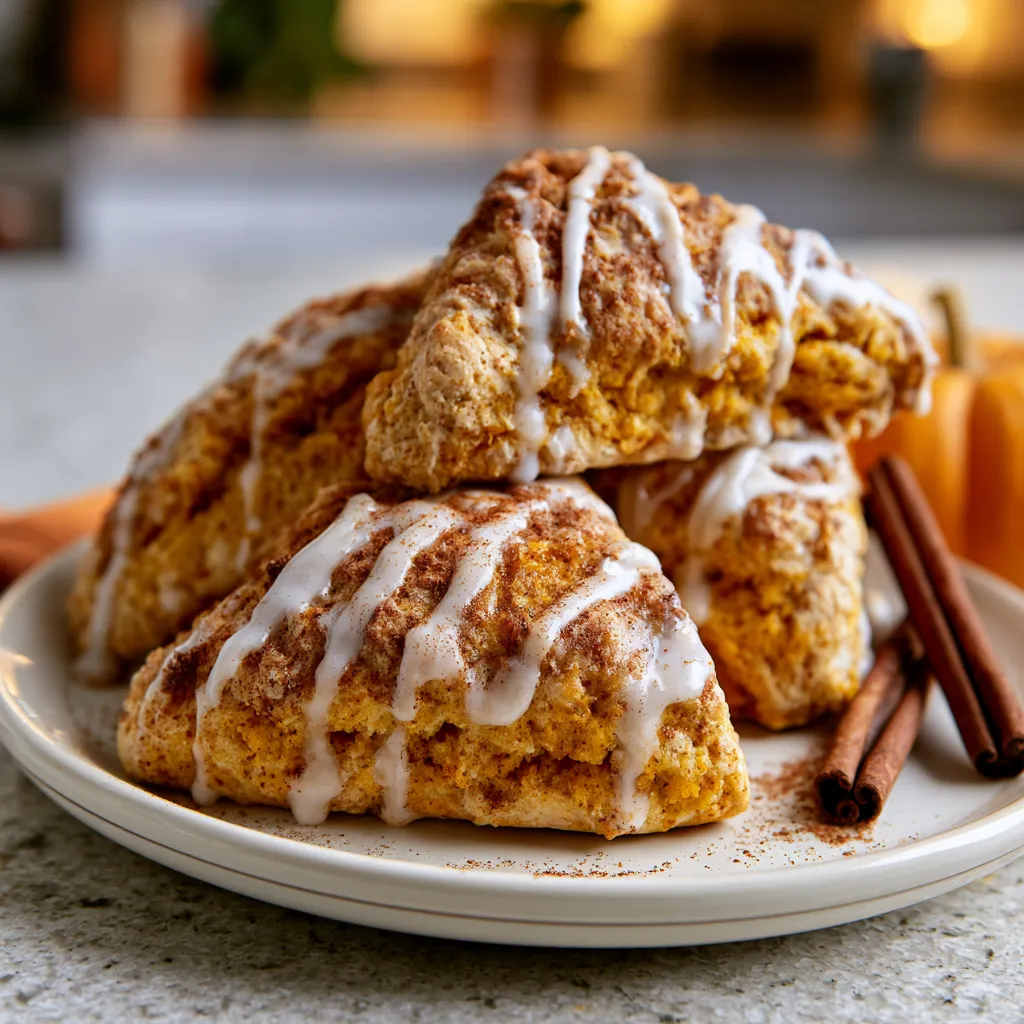 Soft pumpkin spice scones with maple glaze on a white plate with fall spices
