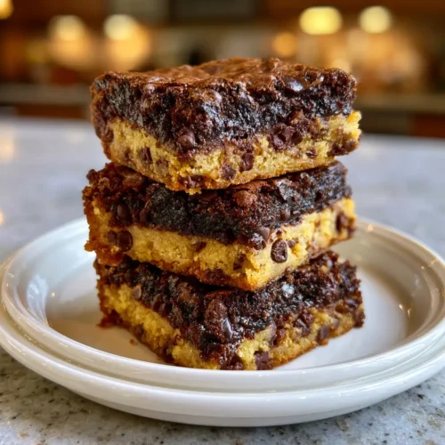 Fudgy brookies showing distinct brownie cookie layers with chocolate chips on a white plate